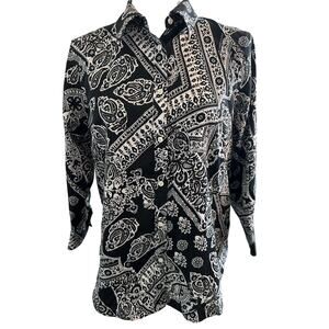 Chaps Womens No Iron Button Front Black White Floral 3/4 Sleeve Cotton Mature L